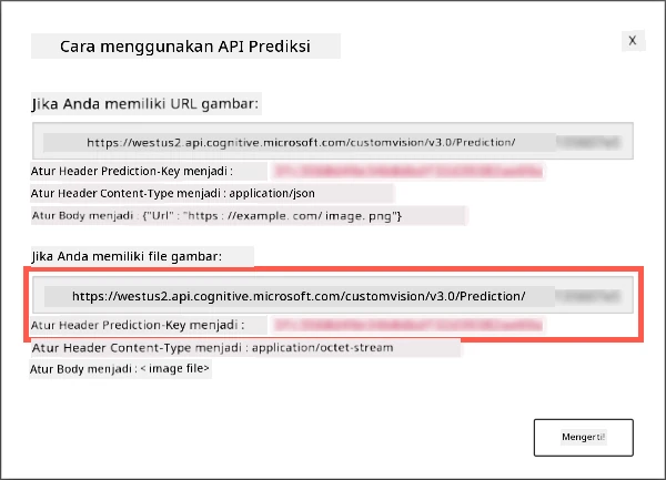 Dialog API prediksi yang menunjukkan URL dan kunci