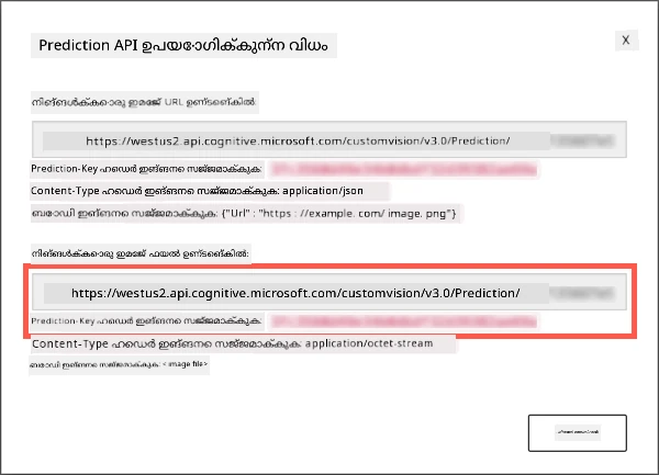 Prediction API ഡയലോഗ് URL, കീ എന്നിവ കാണിക്കുന്നു