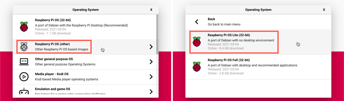 O Raspberry Pi Imager com o Raspberry Pi OS Lite selecionado