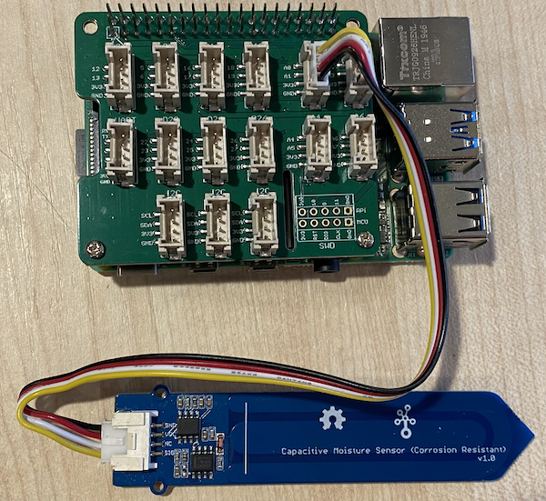 The grove soil moisture sensor connected to the A0 socket