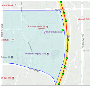 A GPS trail showing a vehicle passing the Microsoft campus on the 520, with GPS readings along the road except for one on the campus, inside a geofence