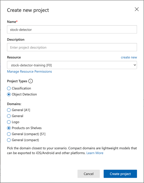 The settings for the custom vision project with the name set to fruit-quality-detector, no description, the resource set to fruit-quality-detector-training, the project type set to classification, the classification types set to multi class and the domains set to food