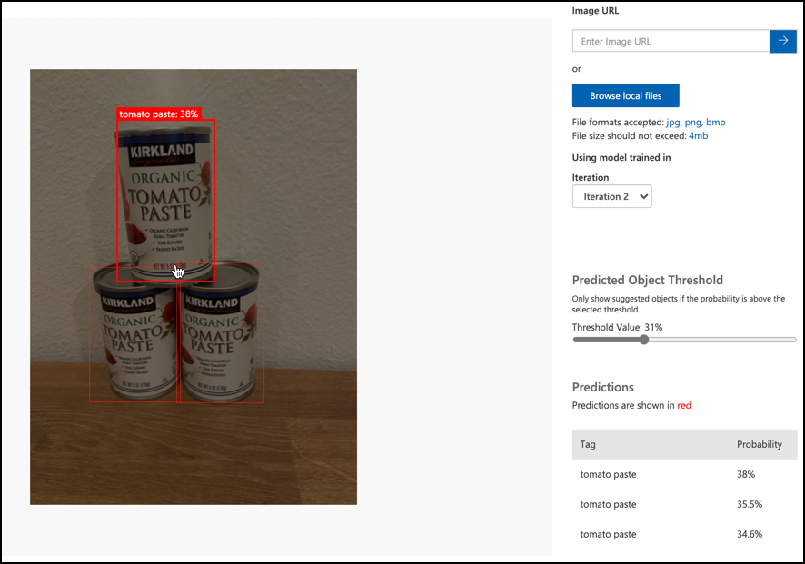 3 cans of tomato paste detected with probabilities of 38%, 35.5% and 34.6%