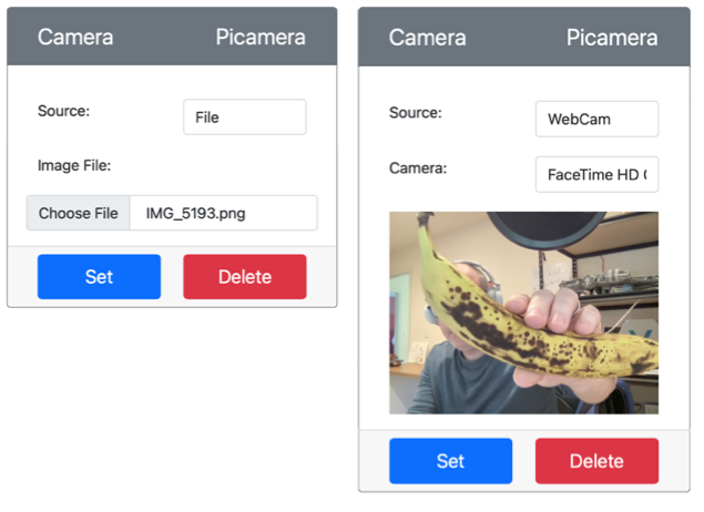 CounterFit with a file set as the image source, and a web cam set showing a person holding a banana in a preview of the webcam