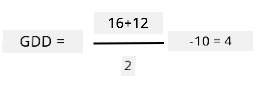 GDD = 16 + 12 divided by 2, all minus 10, giving an answer of 4