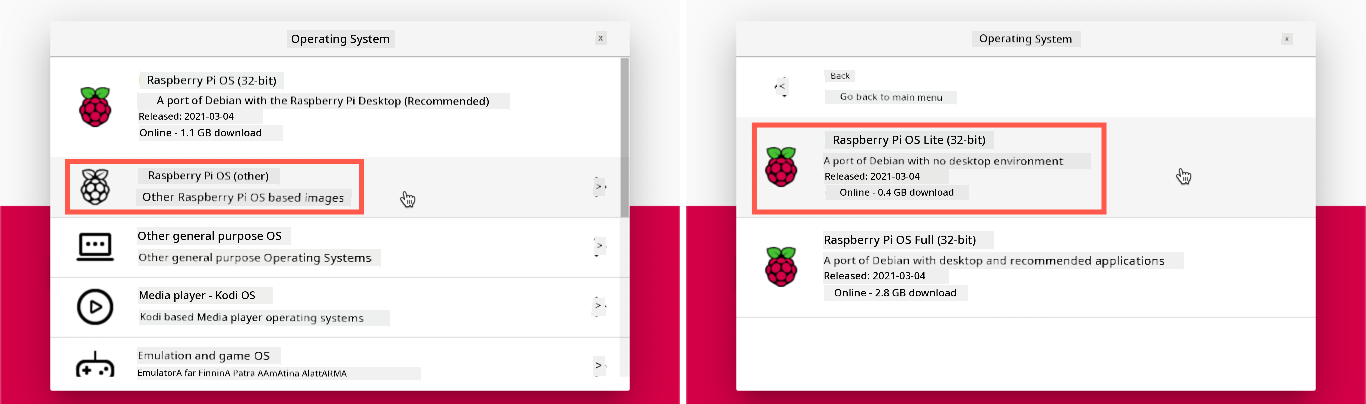 The Raspberry Pi Imager with Raspberry Pi OS Lite selected
