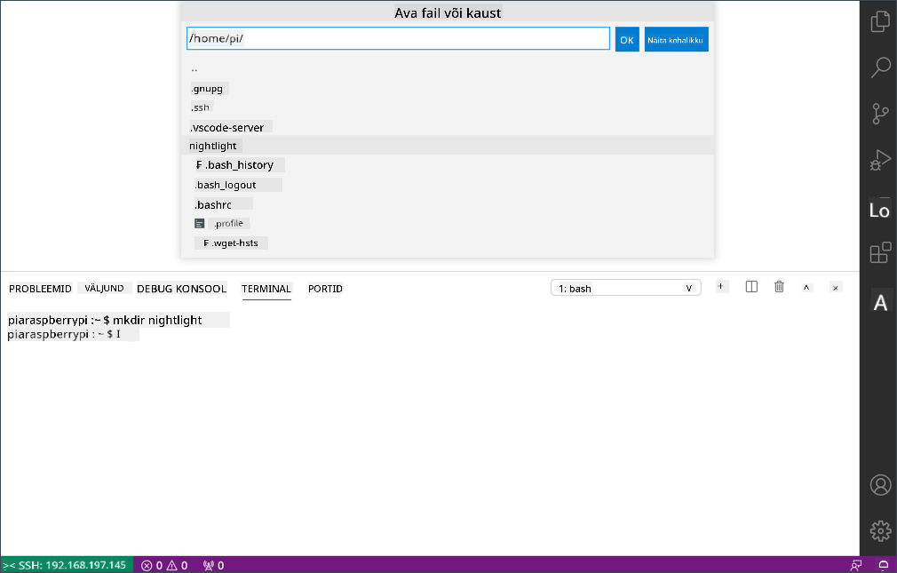 VS Code avamise dialoog, mis näitab nightlight kausta