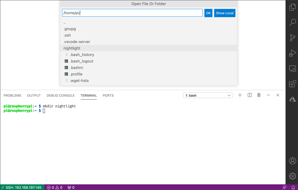 Dialogové okno VS Code ukazující složku nightlight