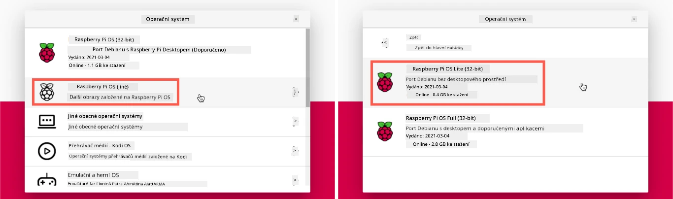 Raspberry Pi Imager s vybraným Raspberry Pi OS Lite