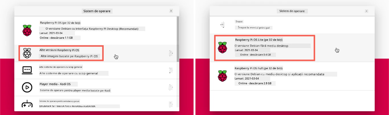 Raspberry Pi Imager cu Raspberry Pi OS Lite selectat