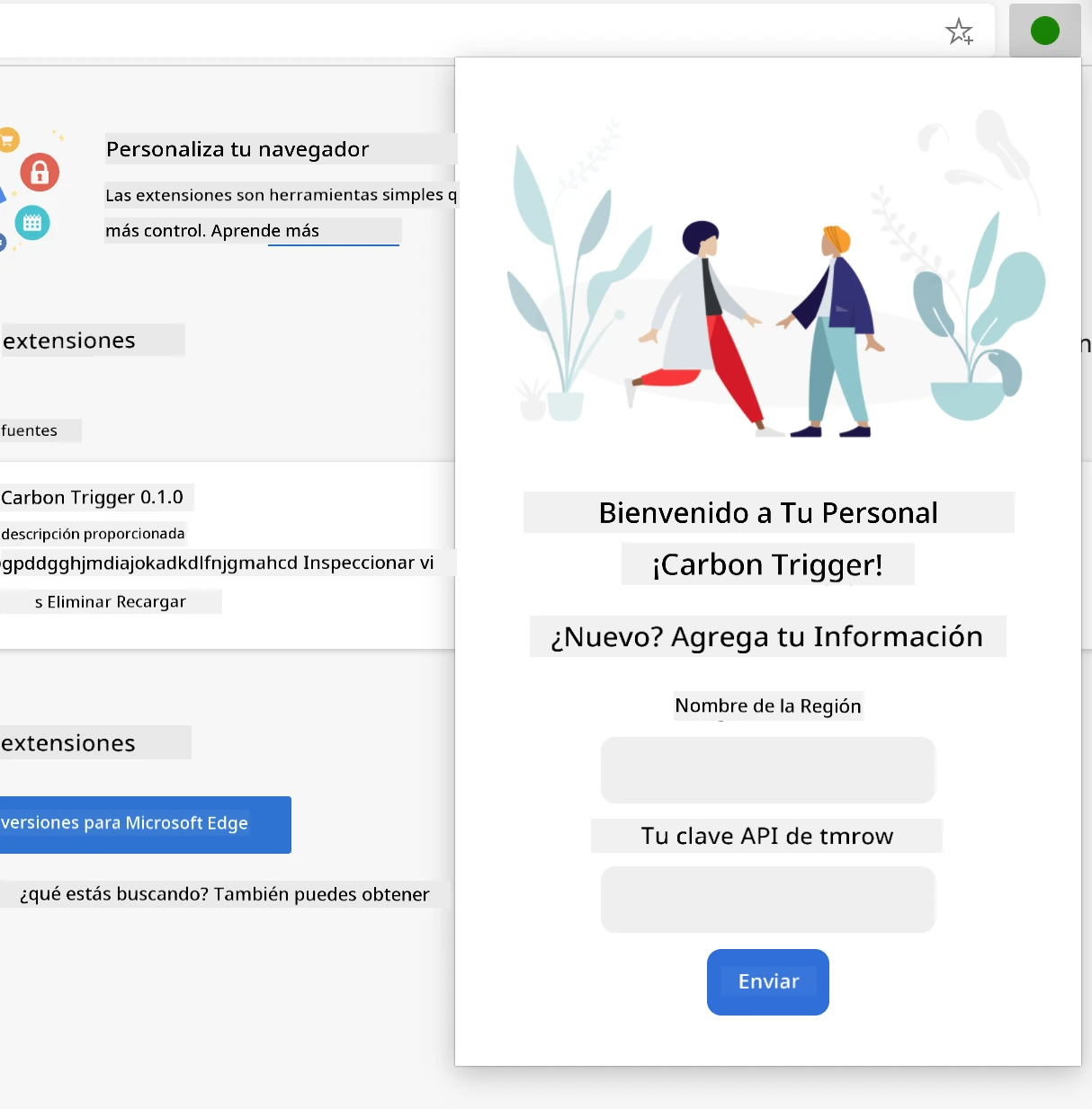 screenshot of the completed extension open in a browser, displaying a form with inputs for region name and API key.