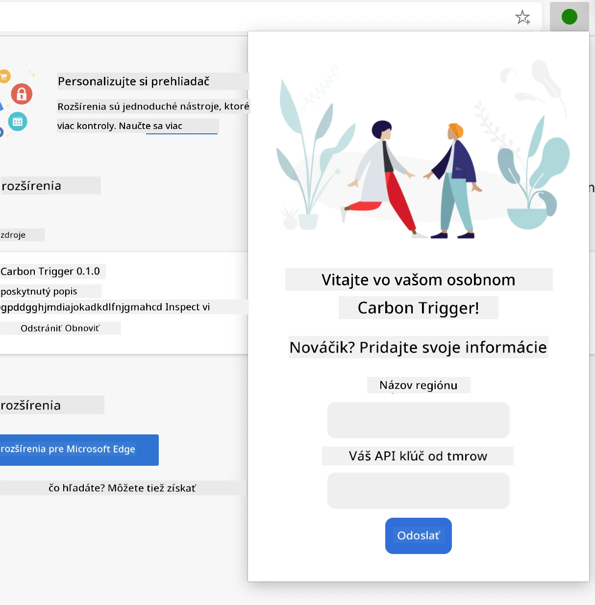 screenshot of the completed extension open in a browser, displaying a form with inputs for region name and API key.