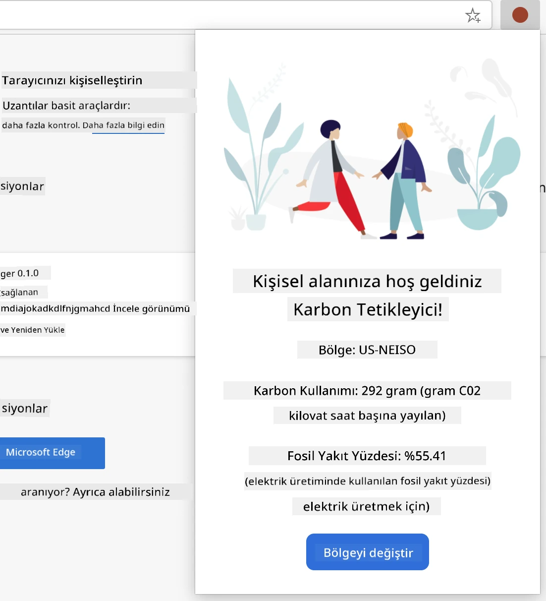 Tamamlanmış uzantının US-NEISO bölgesi için karbon kullanımı ve fosil yakıt yüzdesi değerlerini görüntülediği ekran görüntüsü.