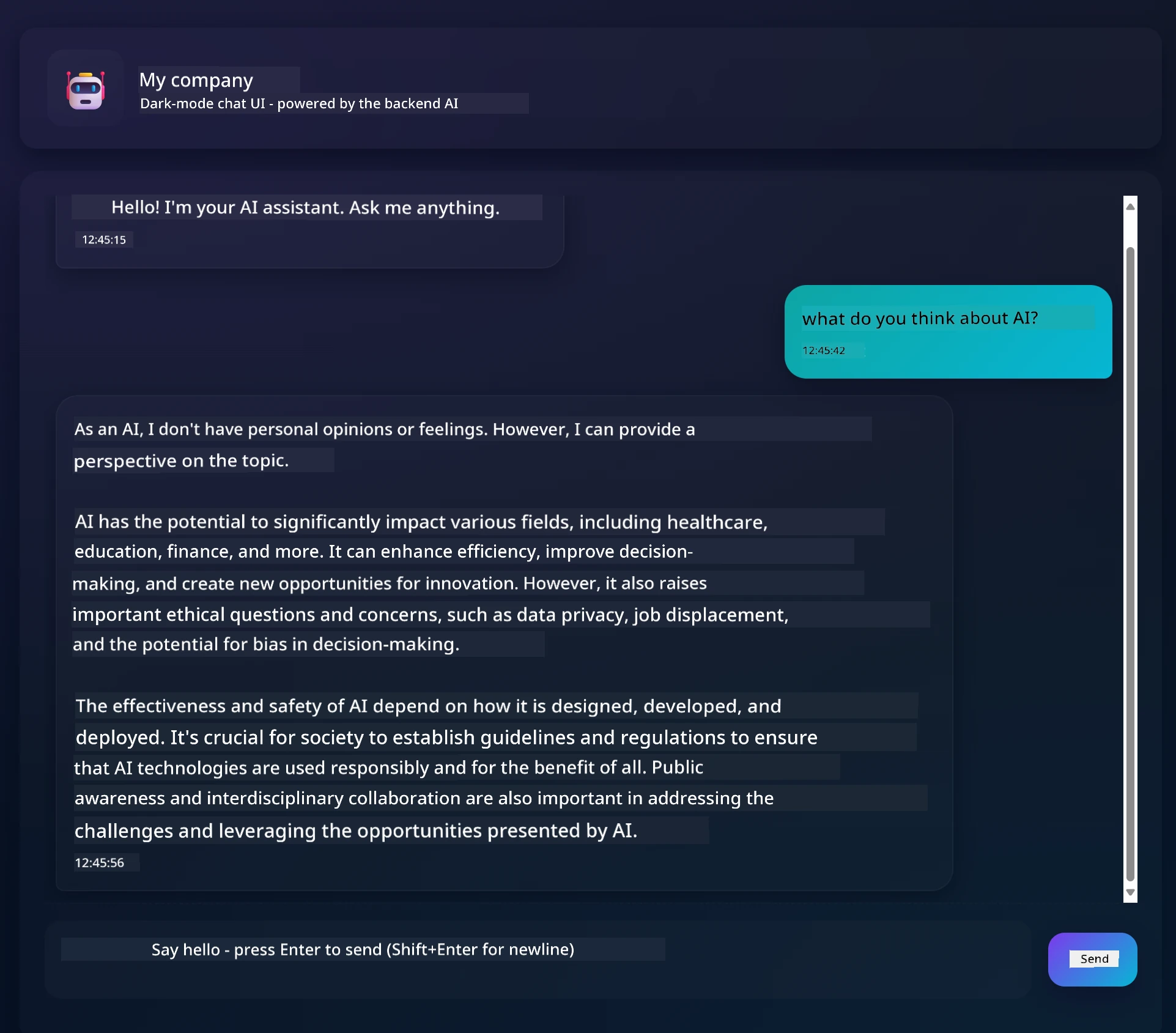 Chat app interface showing conversation between user and AI assistant