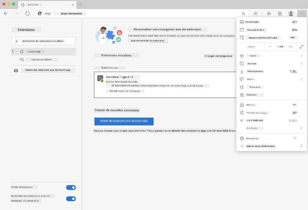capture d'écran du navigateur Edge montrant la page ouverte edge://extensions et le menu des paramètres ouvert