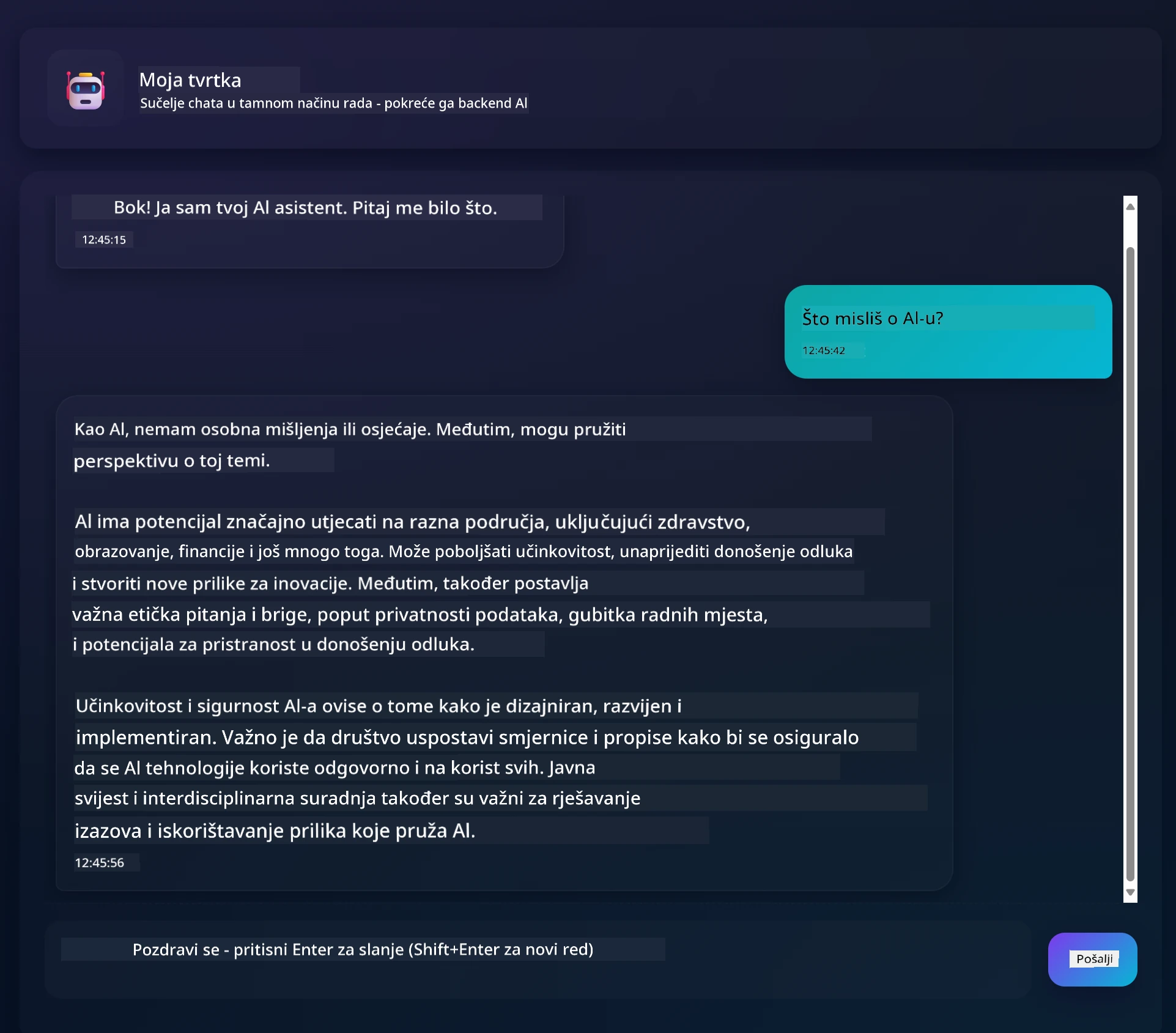 Chat aplikacija koja prikazuje razgovor između korisnika i AI asistenta