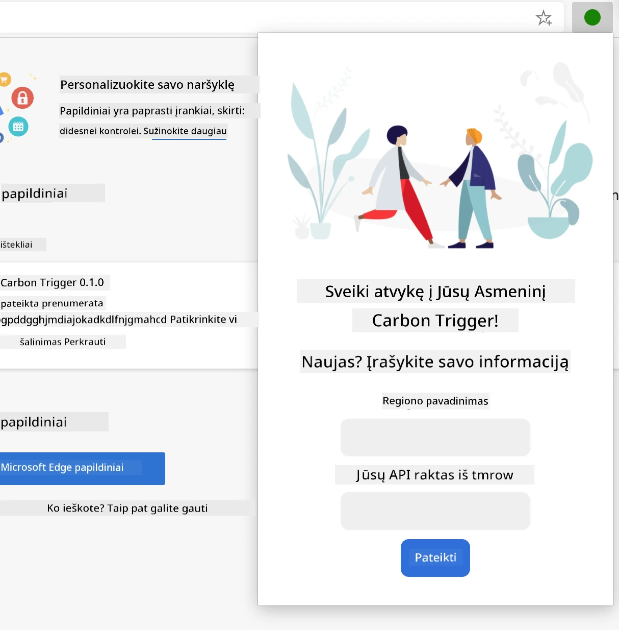 baigto plėtinio ekrano nuotrauka, atidarytas naršyklėje, rodanti formą su įvestimis regiono pavadinimui ir API raktui.