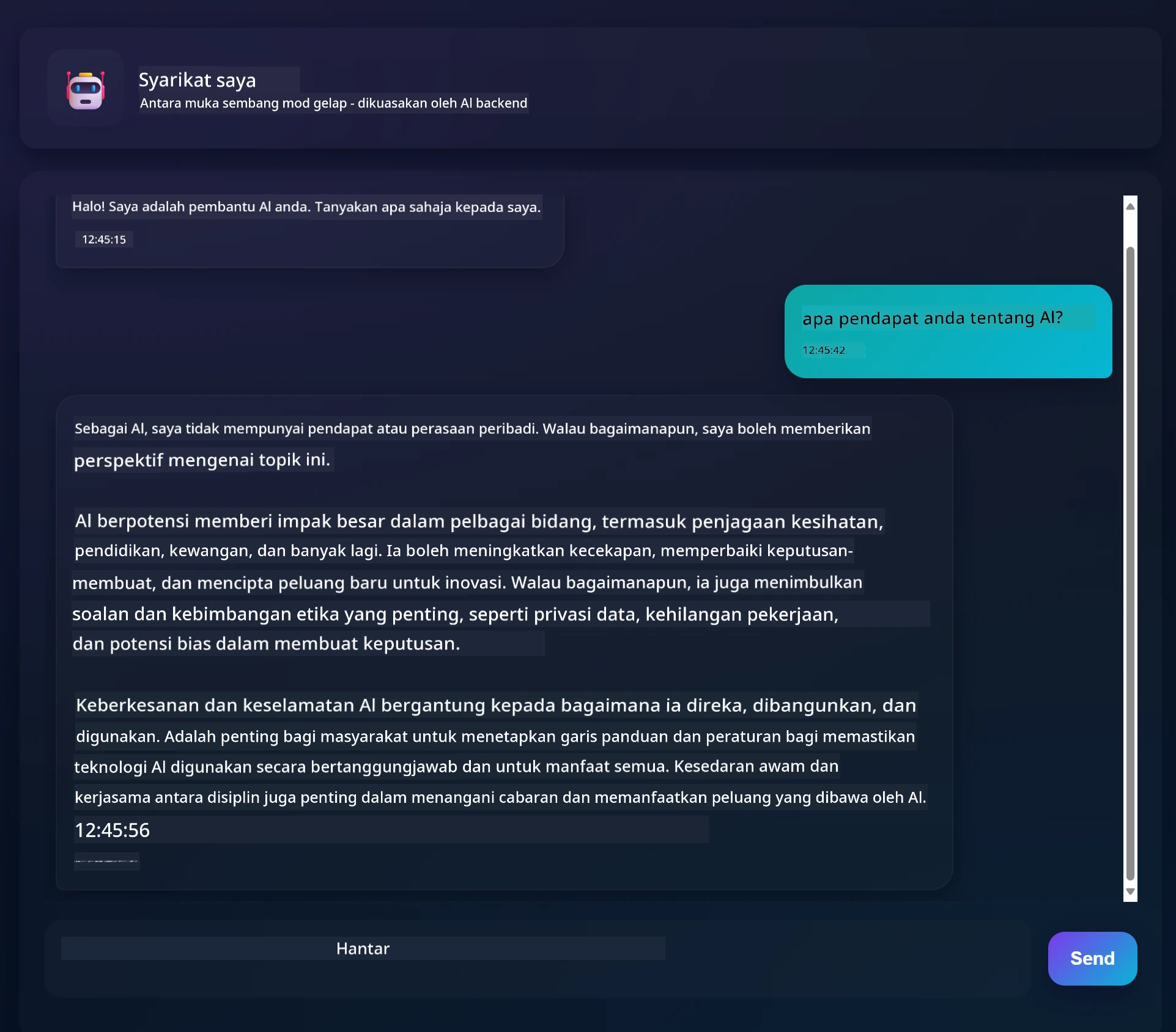Antara muka aplikasi chat menunjukkan perbualan antara pengguna dan pembantu AI