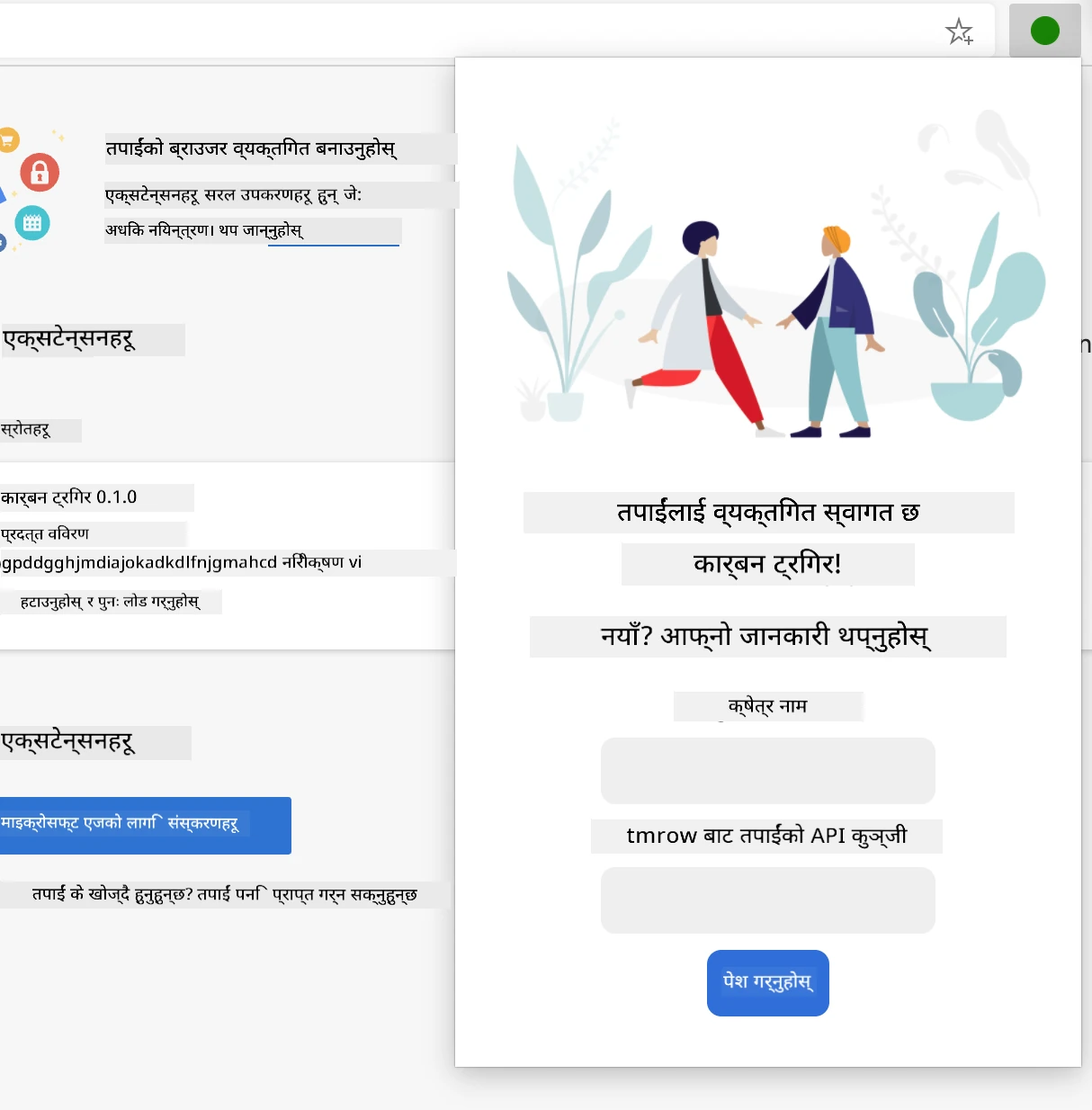 सम्पन्न एक्सटेन्सनको स्क्रिनशट जसले क्षेत्र नाम र API कीको लागि इनपुटहरू भएको फारम देखाउँछ।