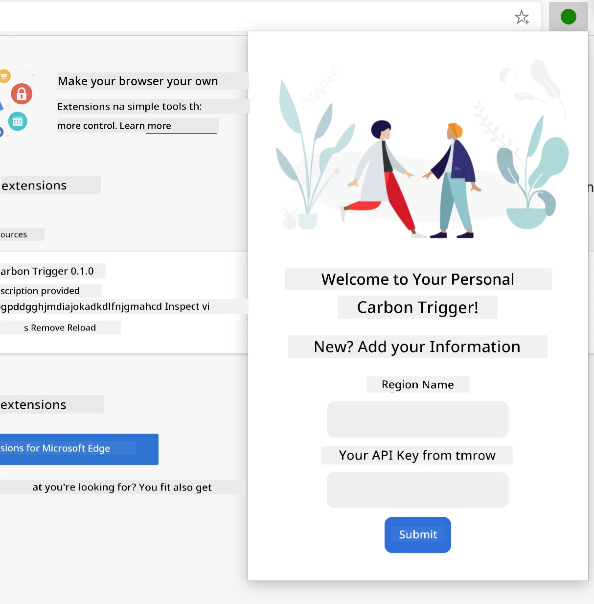 screenshot of the completed extension open in a browser, displaying a form with inputs for region name and API key.