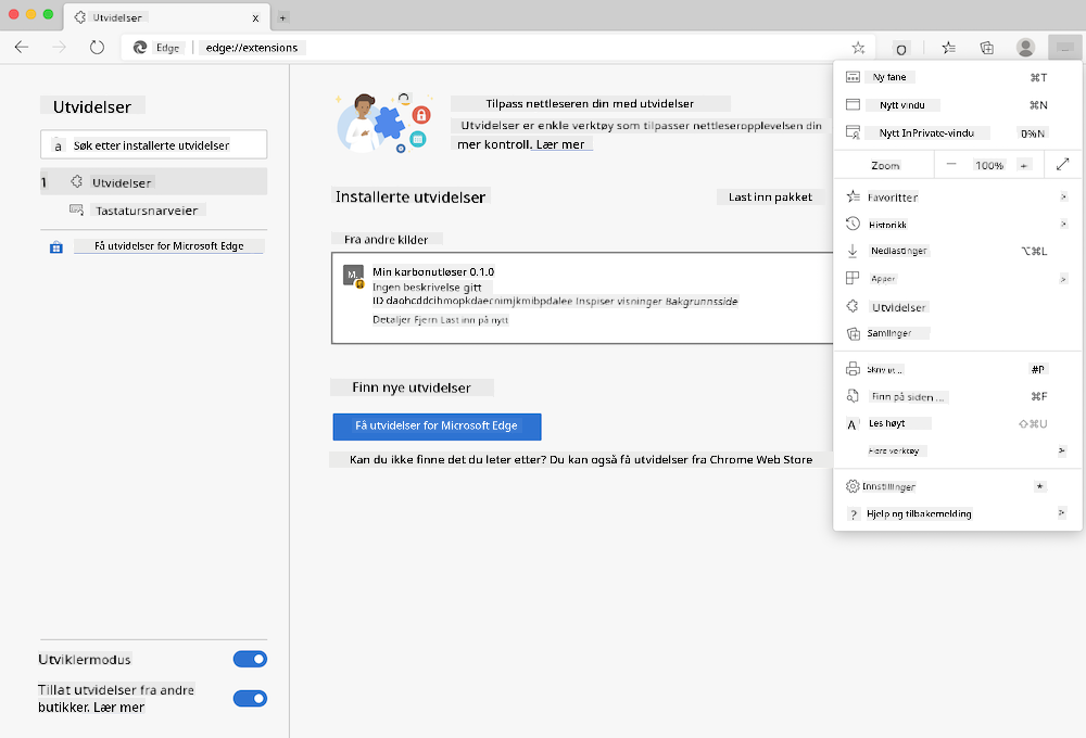 skjermbilde av Edge-nettleseren som viser den åpne edge://extensions-siden og åpne innstillingsmenyen