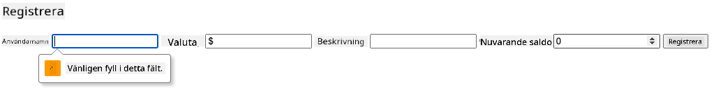 Skärmdump som visar valideringsfelet när man försöker skicka formuläret