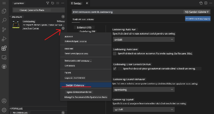 Personalizarea setărilor extensiilor