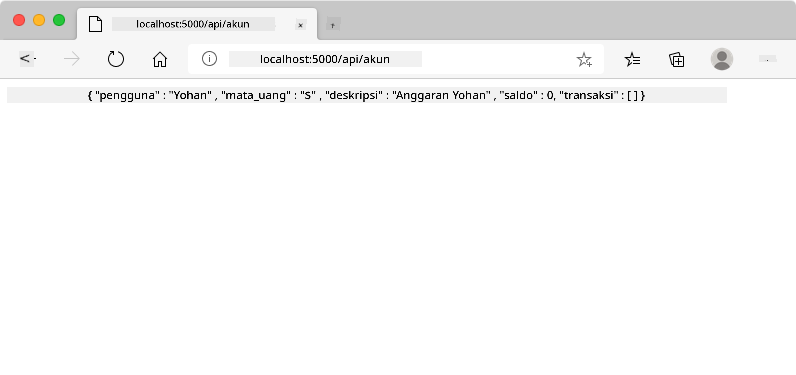 Jendela browser di alamat localhost:5000/api/accounts, menunjukkan string JSON dengan data pengguna