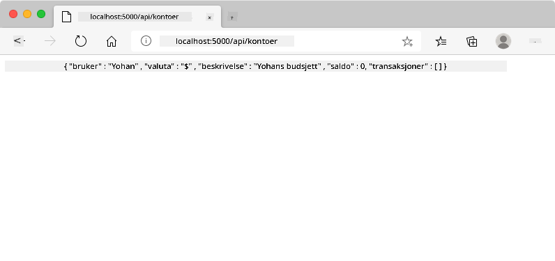Et nettleservindu på adressen localhost:5000/api/accounts, som viser en JSON-streng med brukerdata