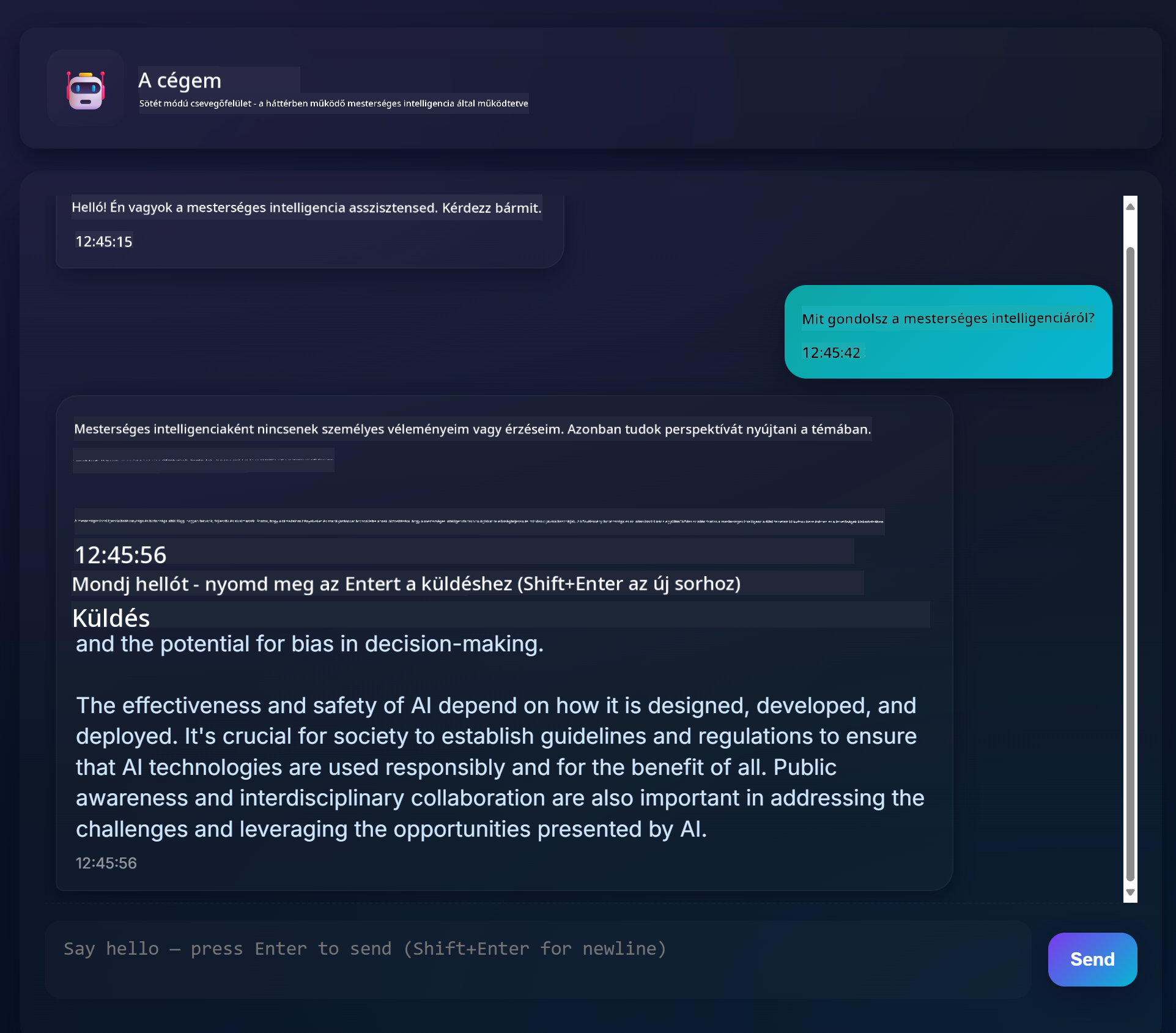 Chat alkalmazás felület, amelyen a felhasználó és az AI asszisztens közötti beszélgetés látható