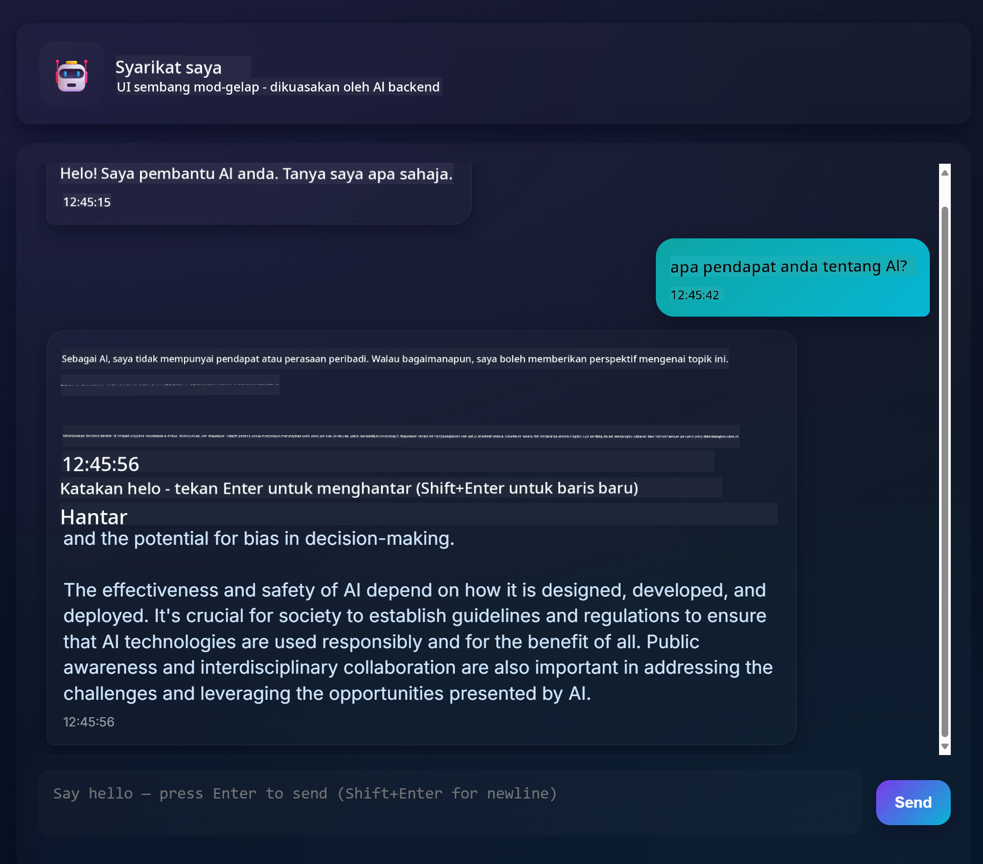 Antara muka aplikasi chat menunjukkan perbualan antara pengguna dan pembantu AI