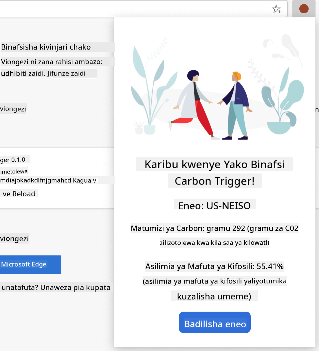 picha ya skrini ya kiendelezi kilichokamilika kikionyesha thamani za matumizi ya kaboni na asilimia ya mafuta ya kisukuku kwa eneo la US-NEISO.
