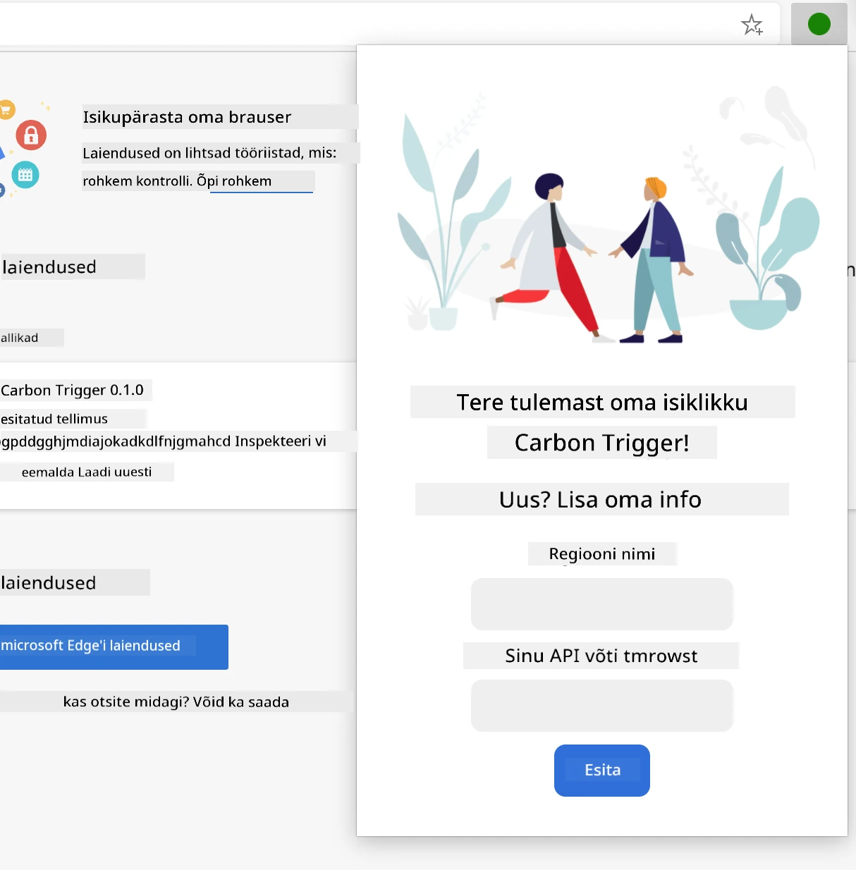 kuvatõmmis valminud laiendusest brauseris, mis kuvab vormi regiooni nime ja API võtme sisenditega.