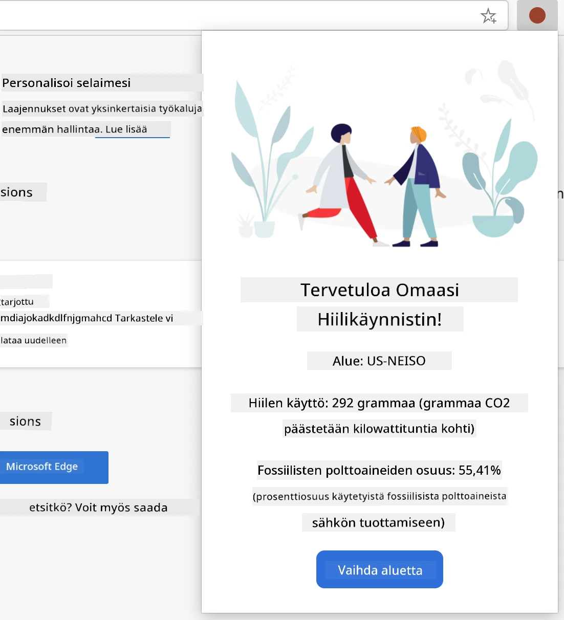 kuvakaappaus valmiista laajennuksesta, joka näyttää hiilen käytön ja fossiilisten polttoaineiden prosenttiosuuden US-NEISO-alueelle.