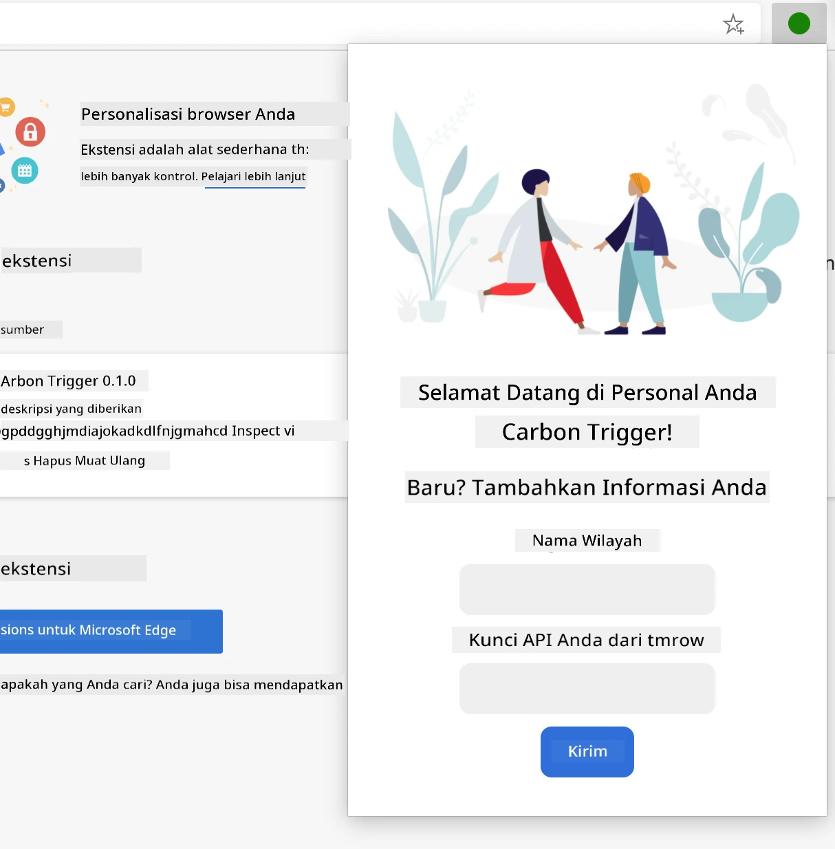 tangkapan layar ekstensi yang selesai terbuka di browser, menampilkan formulir dengan input untuk nama wilayah dan kunci API.