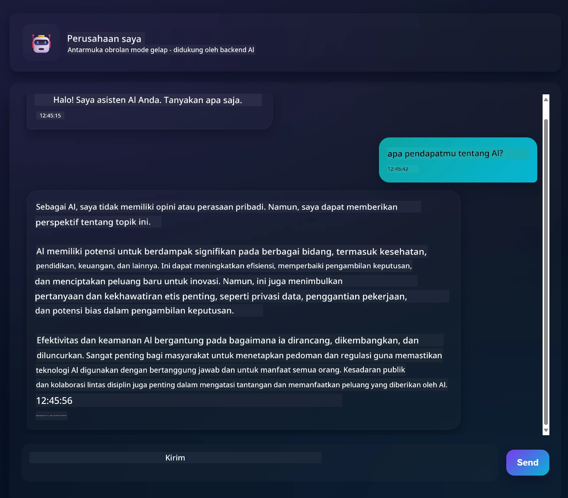 Antarmuka aplikasi chat yang menunjukkan percakapan antara pengguna dan asisten AI