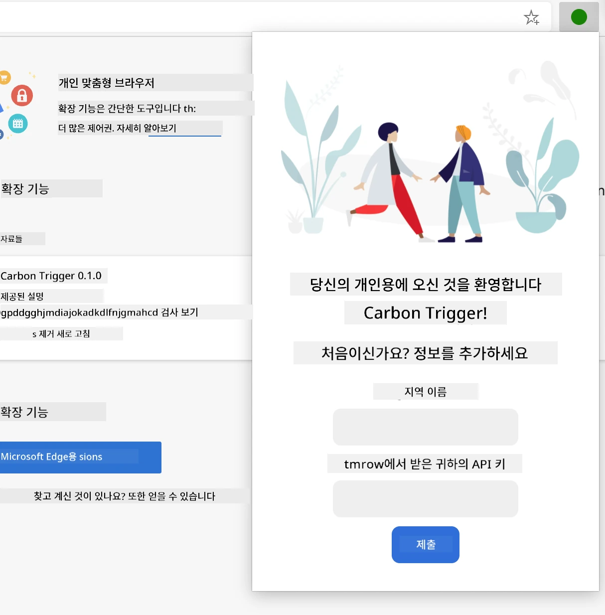 브라우저에서 확장 프로그램이 열려 지역명과 API 키 입력 폼을 표시하는 완성된 화면의 스크린샷