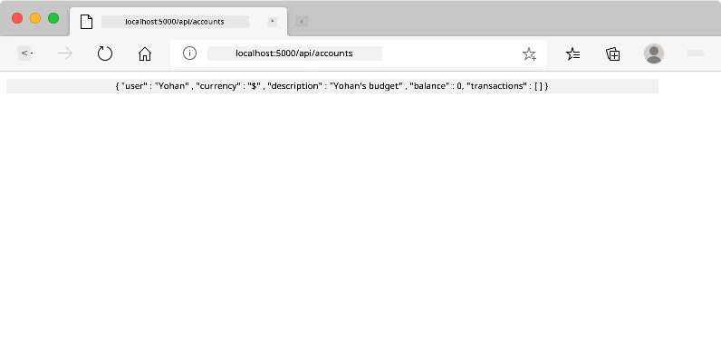 localhost:5000/api/accounts ലൊക്കേഷൻ വഴി ബ്രൗസർ വിൻഡോ, ഉപയോക്തൃ ഡാറ്റയോടെ JSON സ്റ്റ്രിംഗ് കാണിക്കുന്നു