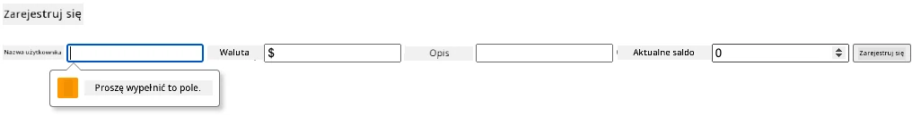 Screenshot showing the validation error when trying to submit the form