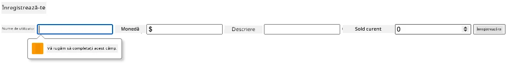 Screenshot showing the validation error when trying to submit the form