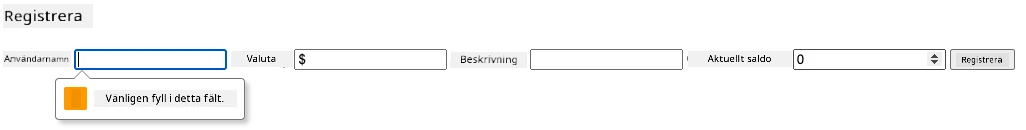 Screenshot showing the validation error when trying to submit the form