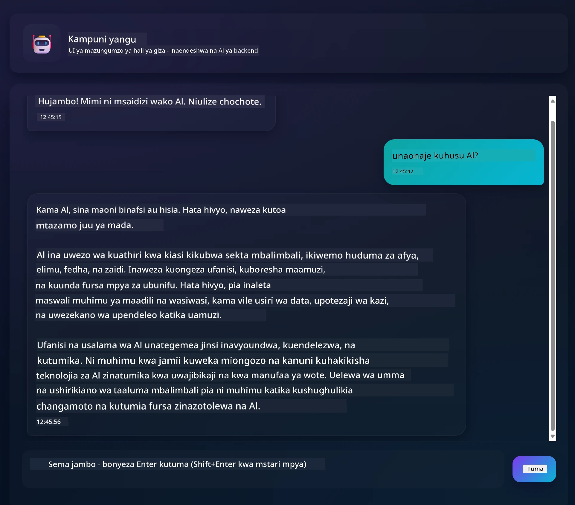 Chat app interface showing conversation between user and AI assistant