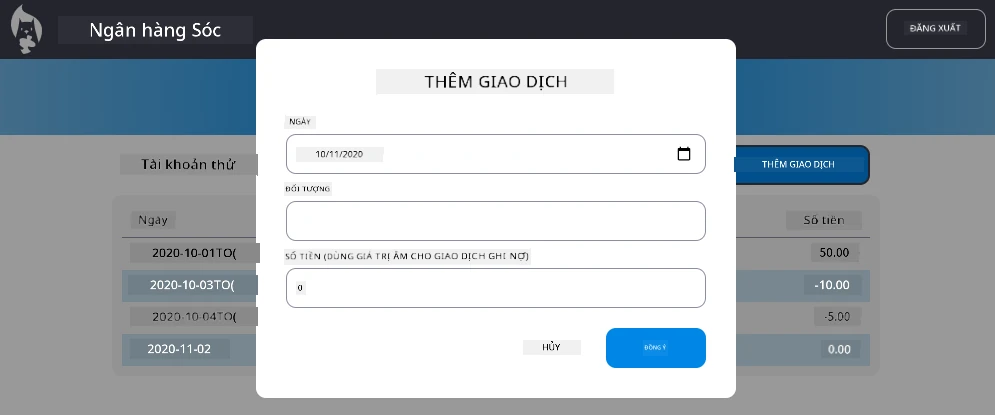 Ảnh chụp màn hình hiển thị hộp thoại "Thêm giao dịch" ví dụ