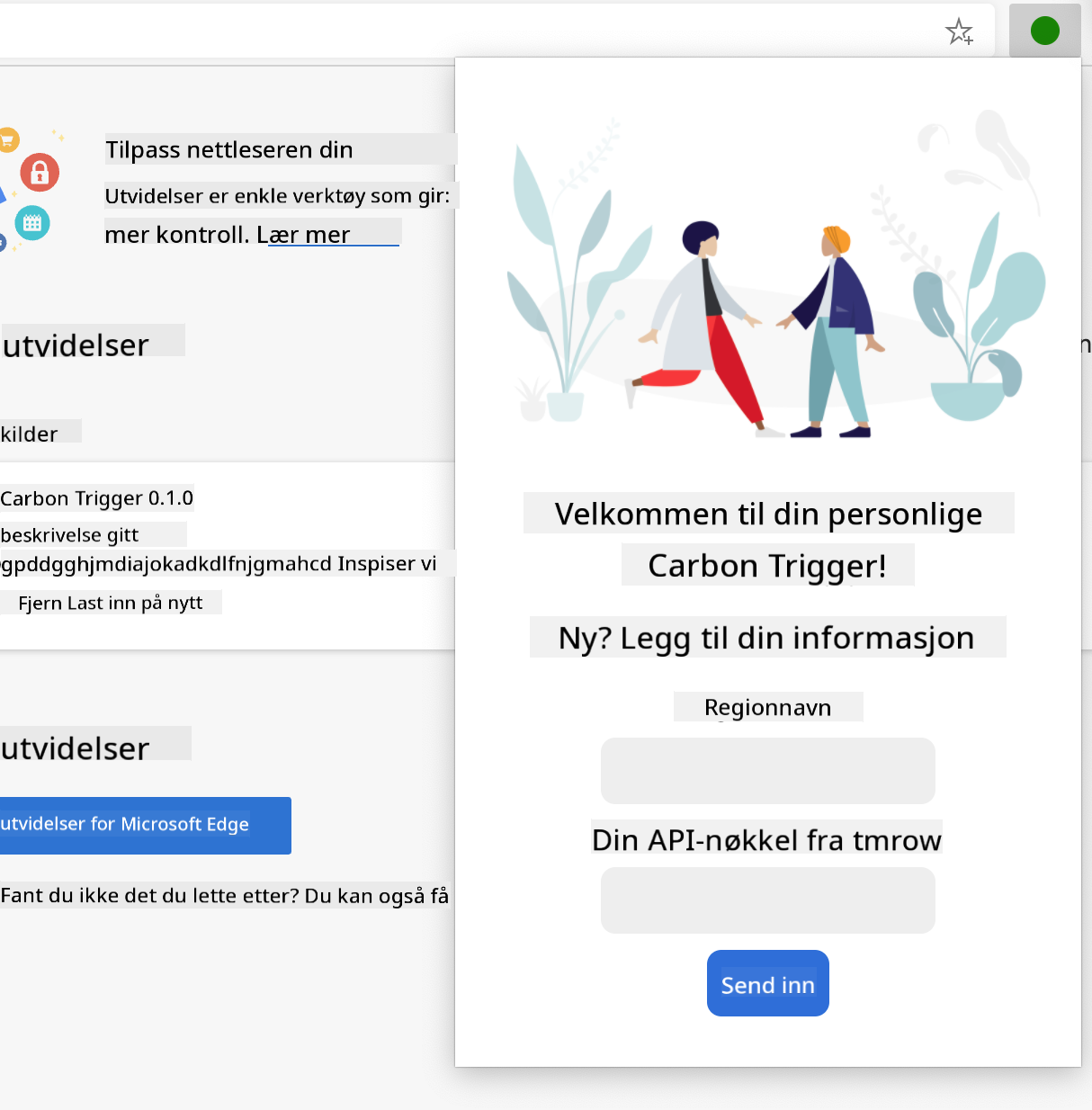 skjermbilde av den ferdige utvidelsen åpnet i en nettleser, som viser et skjema med felt for regionnavn og API-nøkkel.