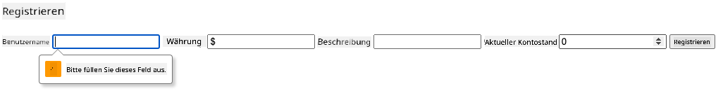 Screenshot, der den Validierungsfehler zeigt, wenn versucht wird, das Formular abzusenden