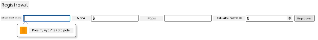 Screenshot showing the validation error when trying to submit the form