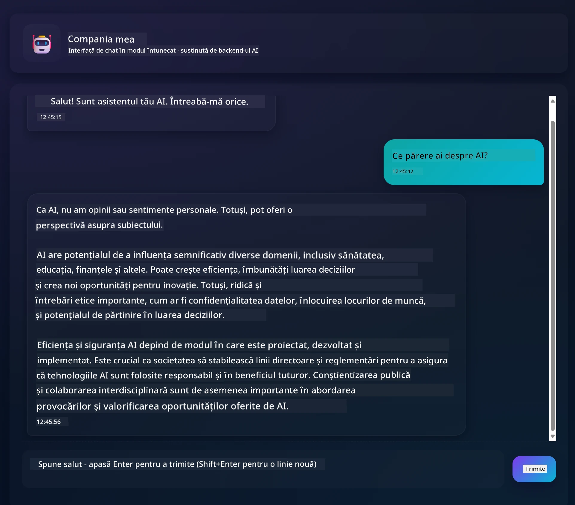 Interfață aplicație de chat arătând conversație între utilizator și asistentul AI