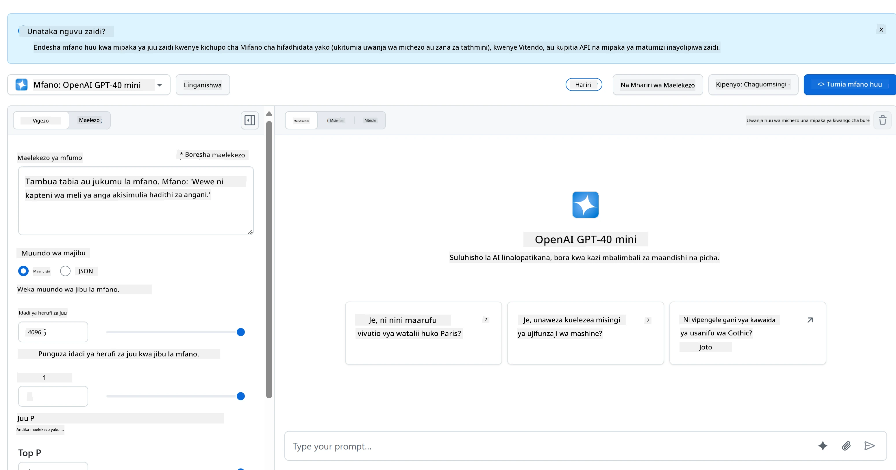 GitHub Models AI Playground interface with model selection and testing area