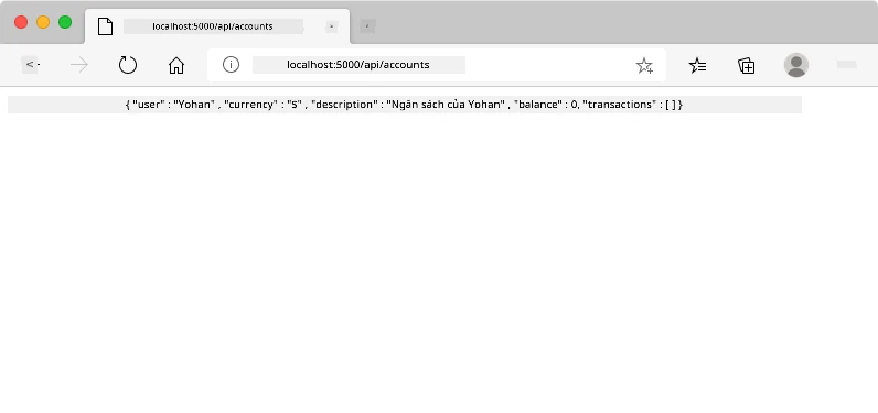 Một cửa sổ trình duyệt tại địa chỉ localhost:5000/api/accounts, hiển thị chuỗi JSON với dữ liệu người dùng