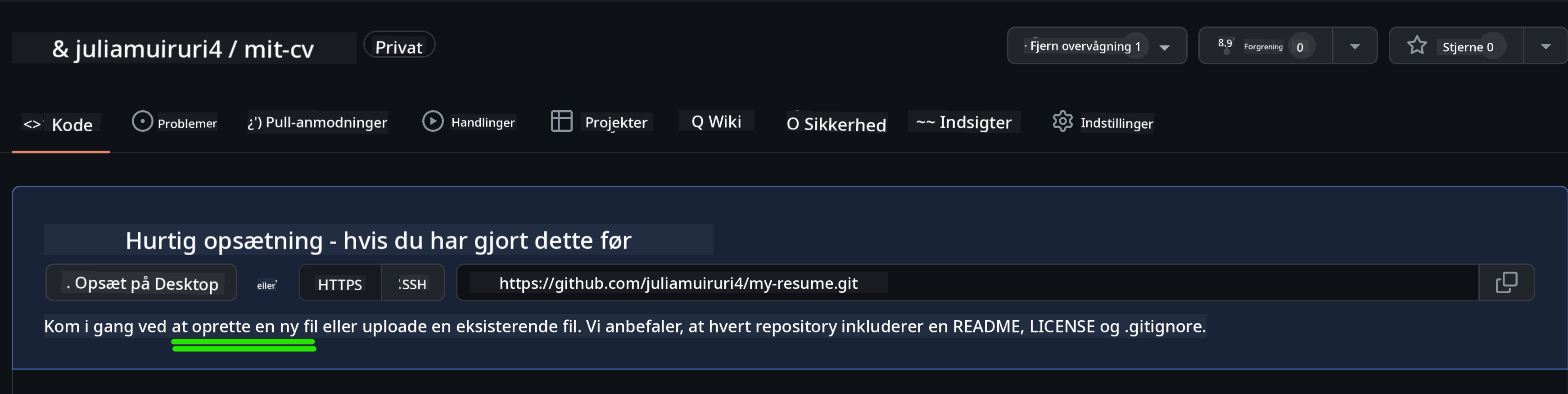 Oprettelse af indledende fil på GitHub